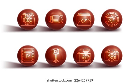 Set line Photo camera, Camera film roll cartridge, shutter, Studio light bulb in softbox, photo lens,  and frame icon. Vector