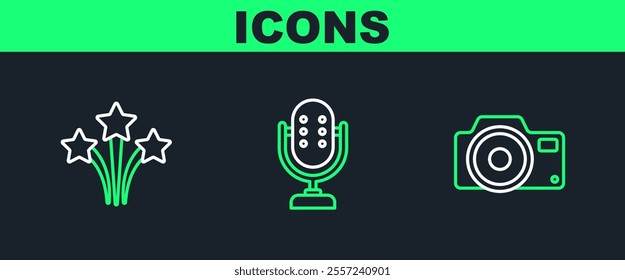 Set line Photo camera, Firework and Microphone icon. Vector