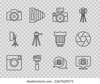 Set line Photo camera, with flash, Action, Tripod,  and Camera shutter icon. Vector