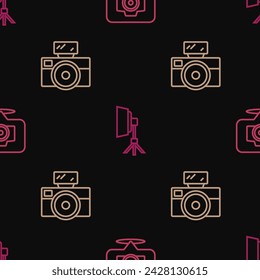 Set line Photo camera, with flash and Softbox light on seamless pattern. Vector