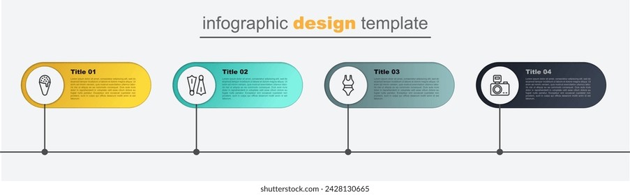 Set line Photo camera with flash, Swimsuit, Rubber flippers for swimming and Ice cream waffle cone. Business infographic template. Vector