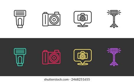 Set line Photo camera flash,  and Studio light bulb in softbox on black and white. Vector