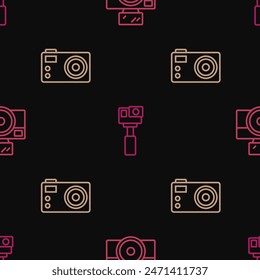 Set line Photo camera with flash,  and Action on seamless pattern. Vector