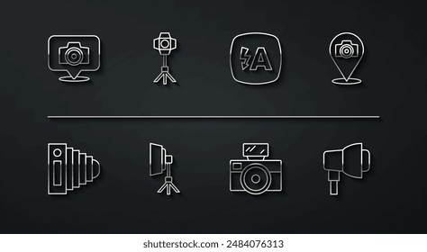 Set line Photo camera, with flash, Softbox light,  and Auto icon. Vector
