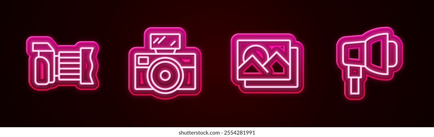 Set line Photo camera, with flash, frame and Softbox light. Glowing neon icon. Vector