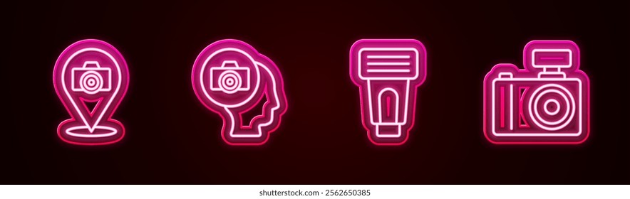 Set line Photo camera, flash and . Glowing neon icon. Vector