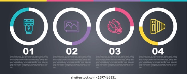Set line Photo camera flash, frame, Camera timer and . Business infographic template. Vector