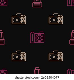 Set line Photo camera flash,  and  on seamless pattern. Vector