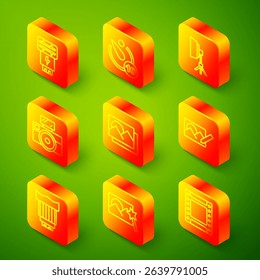 Set line Photo camera flash, Camera timer, Softbox light, with, frame, retouching, photo lens and  icon. Vector