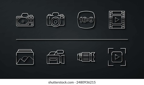Set line Photo camera, frame, Camera film roll cartridge, photo lens, Cinema, focus line and 16 icon. Vector