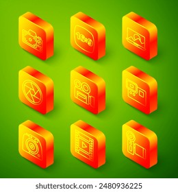 Set line Photo camera, frame 16, retouching, Camera shutter, Retro cinema, Action extreme,  and film roll cartridge icon. Vector