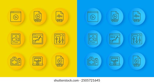 Set line Photo camera, frame, Histogram graph photography, MP4 file document, Sound mixer controller, Online play video, MP3 and MOV icon. Vector