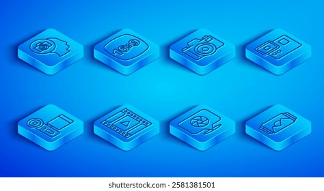 Set line Photo camera, frame 16, Camera film roll cartridge, shutter, Action extreme, Cinema and  icon. Vector