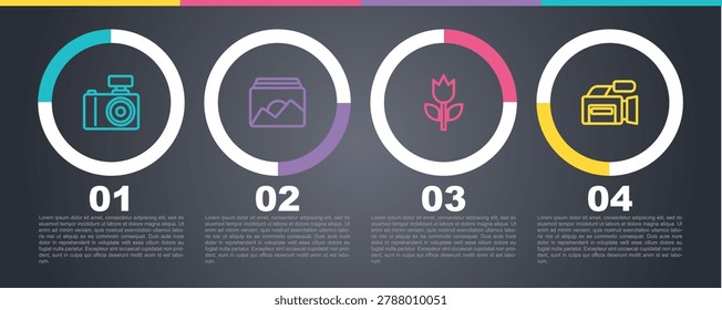 Set line Photo camera, frame, mode macro and Cinema. Business infographic template. Vector