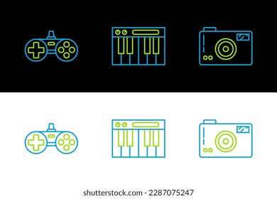 Set line Photo camera, Gamepad and Music synthesizer icon. Vector