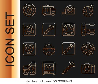 Set line Photo camera, Gear wheels and earth, Soil analysis, Roulette construction, Wrench spanner, Gold nugget,  and Earth globe icon. Vector