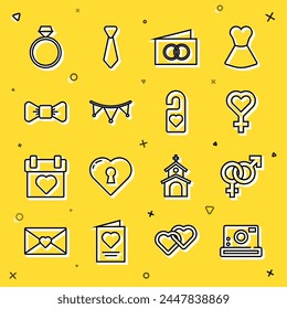 Set line Photo camera, Gender, Female gender symbol, Greeting card, Carnival garland with flags, Bow tie, Diamond engagement ring and Please do not disturb icon. Vector