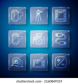 Set line Photo camera, Graphic tablet, Exposure compensation, Camera roll cartridge, with flash,  and USB cable cord icon. Vector