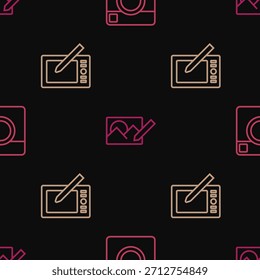 Establecer la línea de la cámara de fotos, tableta gráfica y retoque en el patrón sin fisuras. Vector