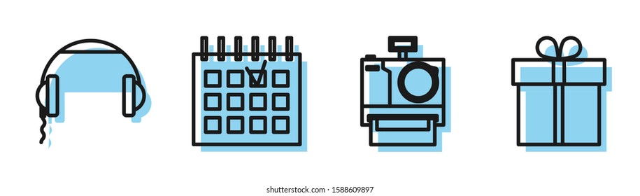 Set line Photo camera , Headphones , Detailed calendar  and Gift box  icon. Vector