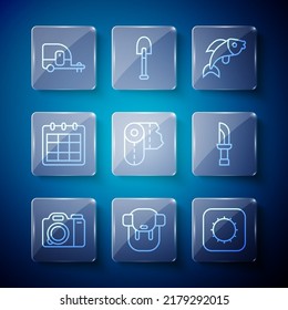 Set line Photo camera, Hiking backpack, Sun, Fish, Paper towel roll, Calendar, Rv Camping trailer and Knife icon. Vector