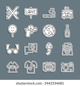 Set line Photo camera, Hippie girl, Beer bottle, Cigarette, No war, Smile face,  and Yin Yang symbol icon. Vector