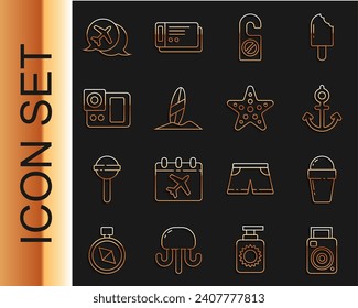 Set line Photo camera, Ice cream in waffle cone, Anchor, Please do not disturb, Surfboard, Speech bubble with airplane and Starfish icon. Vector