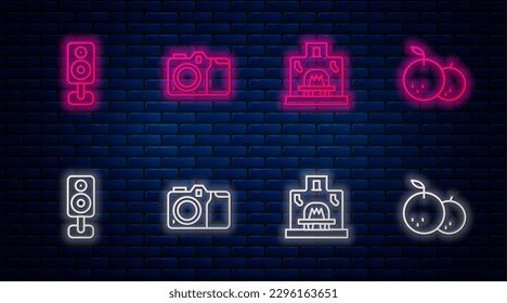 Set line Photo camera, Interior fireplace, Stereo speaker and Tangerine. Glowing neon icon on brick wall. Vector