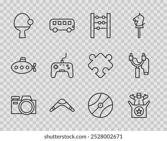 Set line Câmera fotográfica, Jack no brinquedo caixa, Abacus, Bumerangue, Raquete e bola, Gamepad, Basquete e Slingshot ícone. Vetor