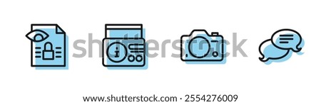 Set line Photo camera, Journalistic investigation, News radio channel and Speech bubble chat icon. Vector