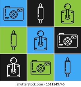 Set line Photo camera, Joystick for arcade machine and Rolling pin icon. Vector