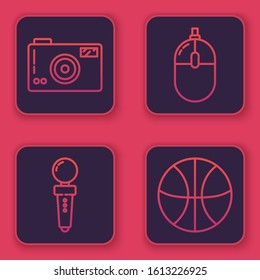 Set line Photo camera, Joystick for arcade machine, Computer mouse and Basketball ball. Blue square button. Vector