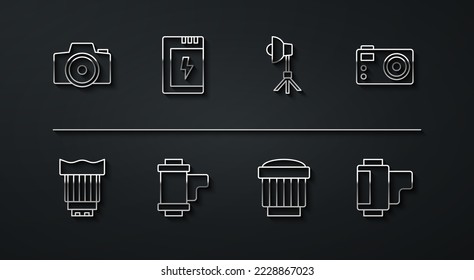 Set line Photo camera, Camera photo lens, roll cartridge, Battery for,  and Softbox light icon. Vector