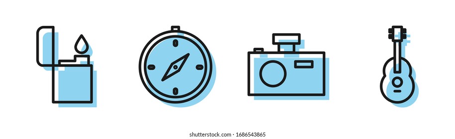 Set line Photo camera, Lighter, Compass and Guitar icon. Vector