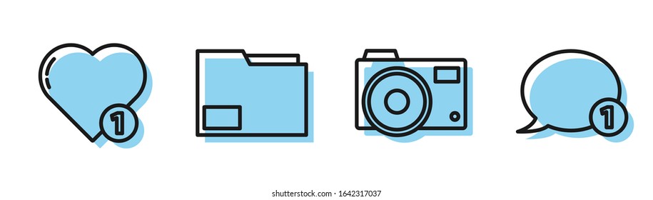 Set line Photo camera, Like and heart, Document folder and Speech bubble chat icon. Vector