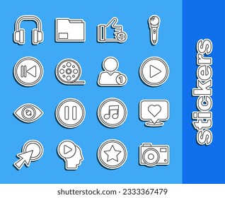Set line Photo camera, Like and heart, Play in circle, Hand like, Film reel, Rewind, Headphones and Add friend icon. Vector