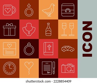 Set line Photo camera, Limousine car, Glass of champagne, Dove, Necklace on mannequin, Gift box, Coffee cup and heart and Champagne bottle icon. Vector