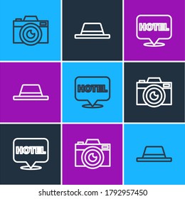 Set line Photo camera, Location hotel and Man hat with ribbon icon. Vector