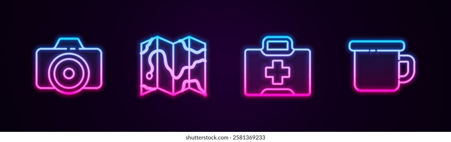 Set line Photo camera, Location of the forest on map, First aid kit and Camping metal mug. Glowing neon icon. Vector