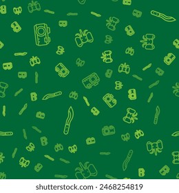 Set line Photo camera, Machete and Elephant on seamless pattern. Vector