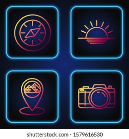 Set line Photo camera, Map pointer with Egypt pyramids, Compass and Sunset. Gradient color icons. Vector