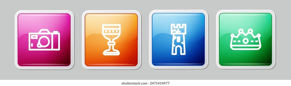 Set line Photo camera, Medieval goblet, Castle tower and King crown. Colorful square button. Vector