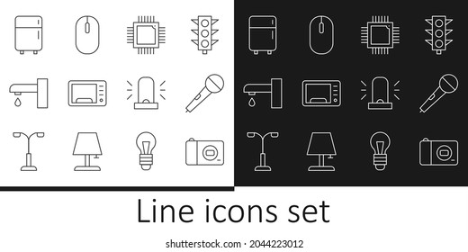 Set line Photo camera, Microphone, Processor with microcircuits CPU, Microwave oven, Water tap, Refrigerator, Flasher siren and Computer mouse icon. Vector
