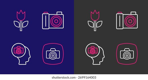 Set line Photo camera,  and mode macro icon. Vector