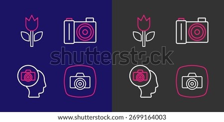Set line Photo camera,  and mode macro icon. Vector