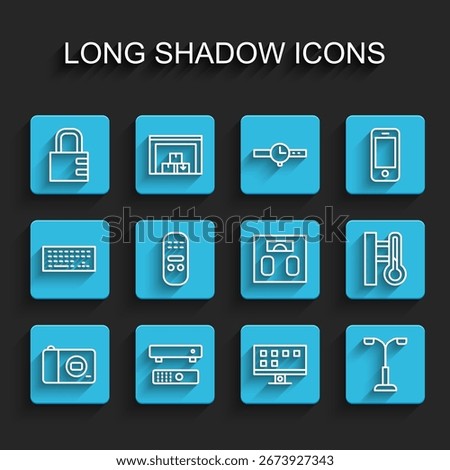 Set line Photo camera, Multimedia and TV box, Safe combination lock, Smart Tv, Street light, Remote control, Meteorology thermometer and Bathroom scales icon. Vector
