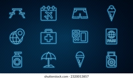 Set line Photo camera, Passport, Swimming trunks, First aid kit, Location on the globe, Picnic table with benches,  and Calendar and airplane icon. Vector