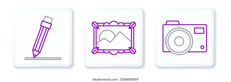 Set line Photo camera, Pencil with eraser and Picture landscape icon. Vector