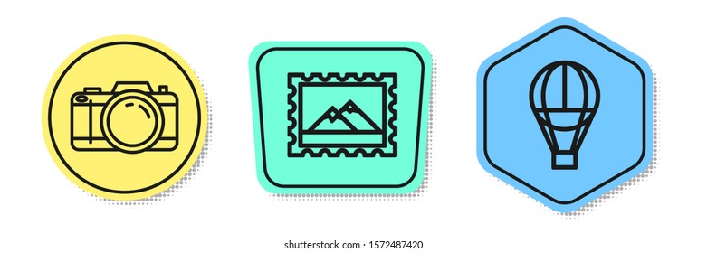 Set line Photo camera, Postal stamp and Mountains and Hot air balloon. Colored shapes. Vector