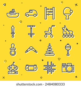Set line Cámara de fotos, juguete de bebé de sonajero, patín sobre ruedas, ábaco, saltos de palo de pogo, espada, bote de juguete e icono de cochecito de bebé. Vector